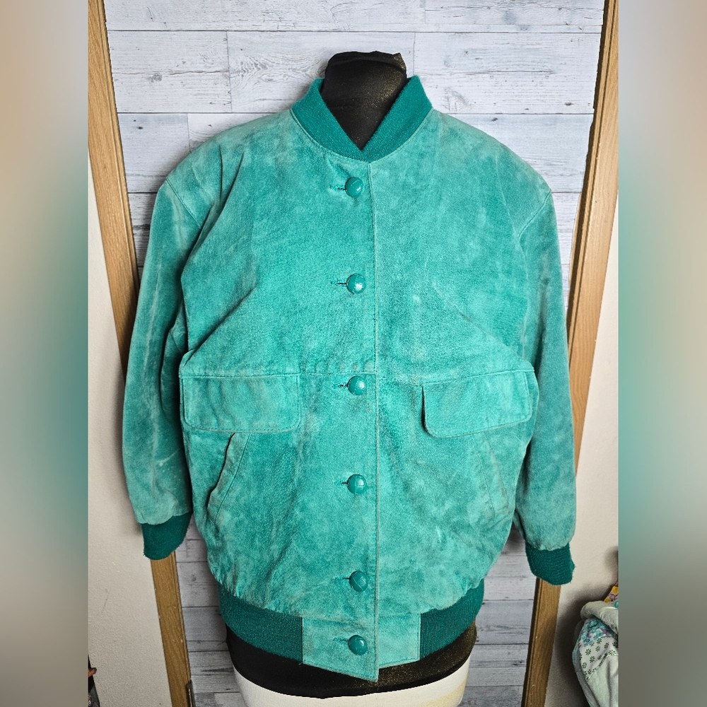 Vtg 80's Teal Green Suede Bomber Jacket
